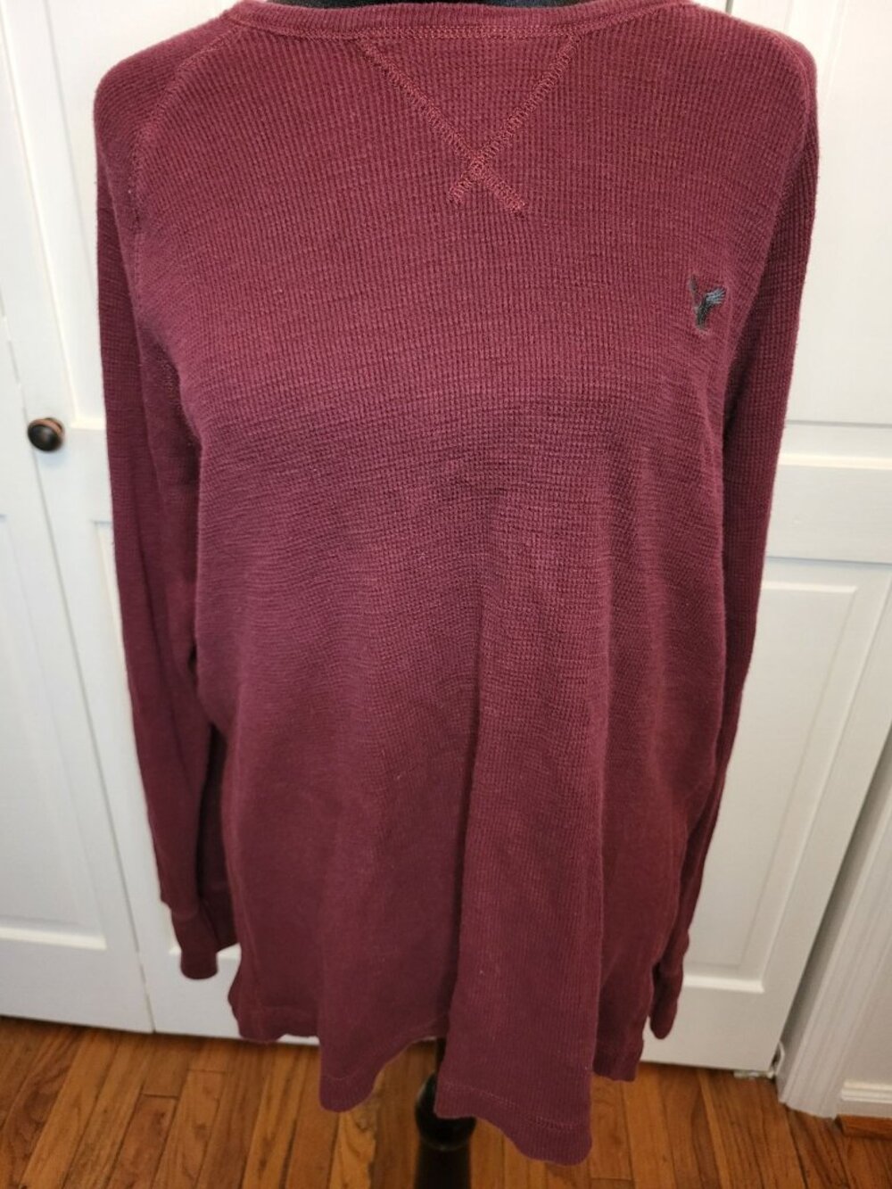 Men's American Eagle Burgundy Waffle Knit Thermal Logo XL y2k Grunge Skater